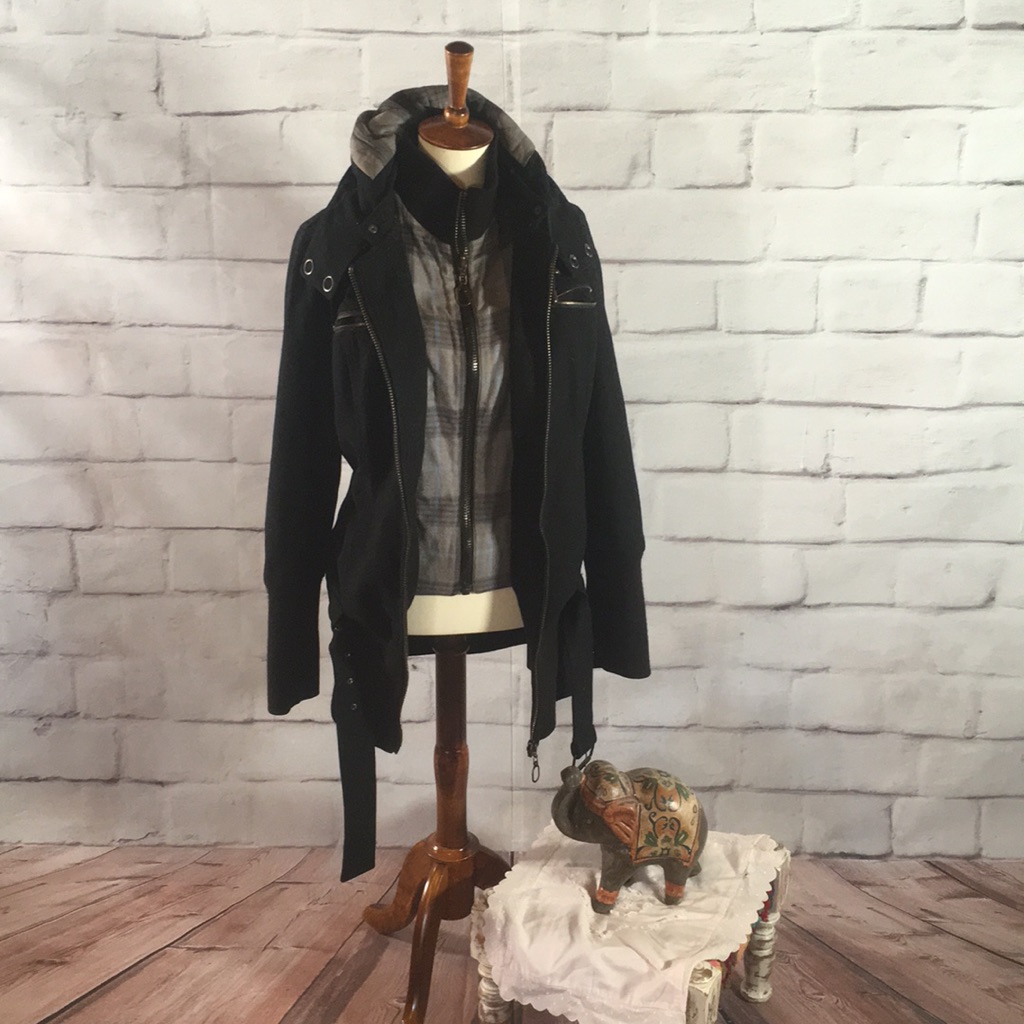 Free People Black Hooded Jacket With Plaid Inner Layer